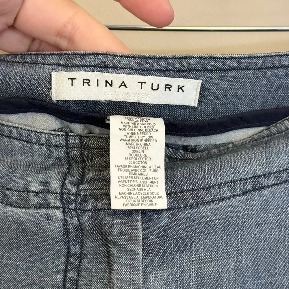 Trina Turk Chambray Pants Womens 37 Blue Linen Blend High Rise Frayed Hem Casual - Picture 6 of 8
